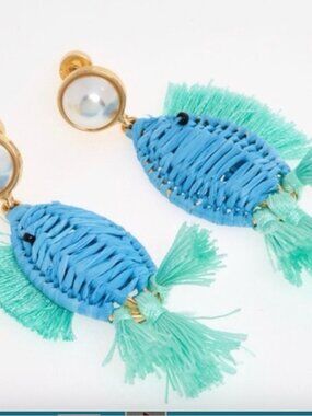 Piper K Blue Rattan Fringe Pearl Drop Earrings New in Box